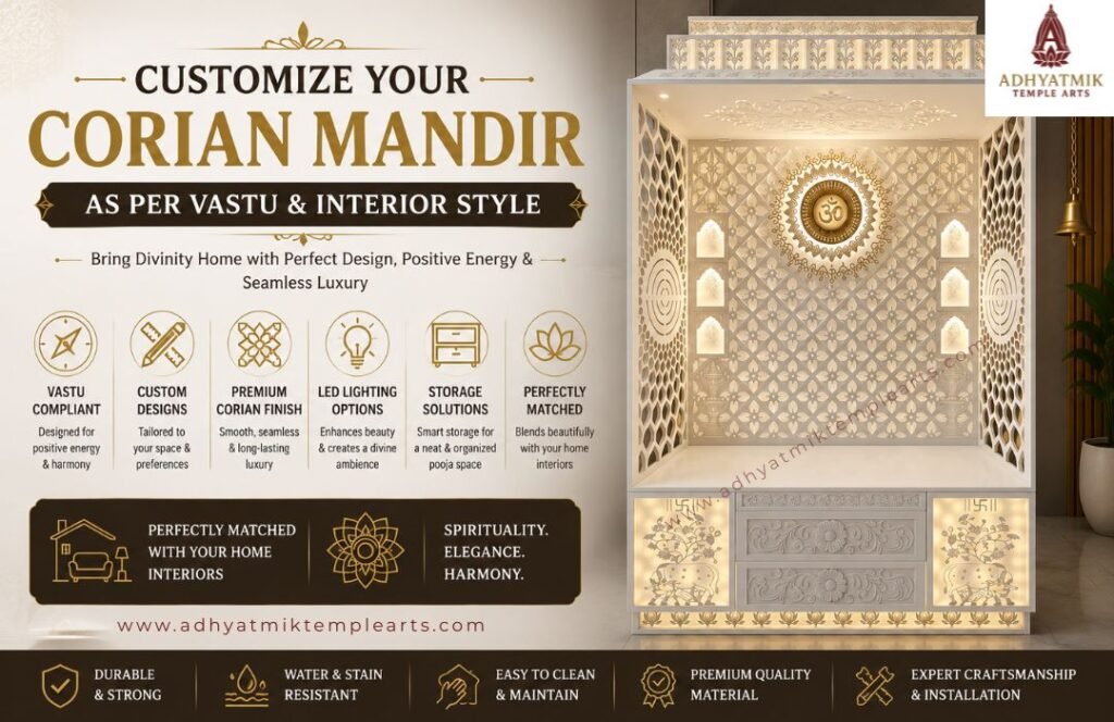 Customize Your Corian Mandir as Per Vastu & Interior Style img1- www.adhyatmiktemplearts.com