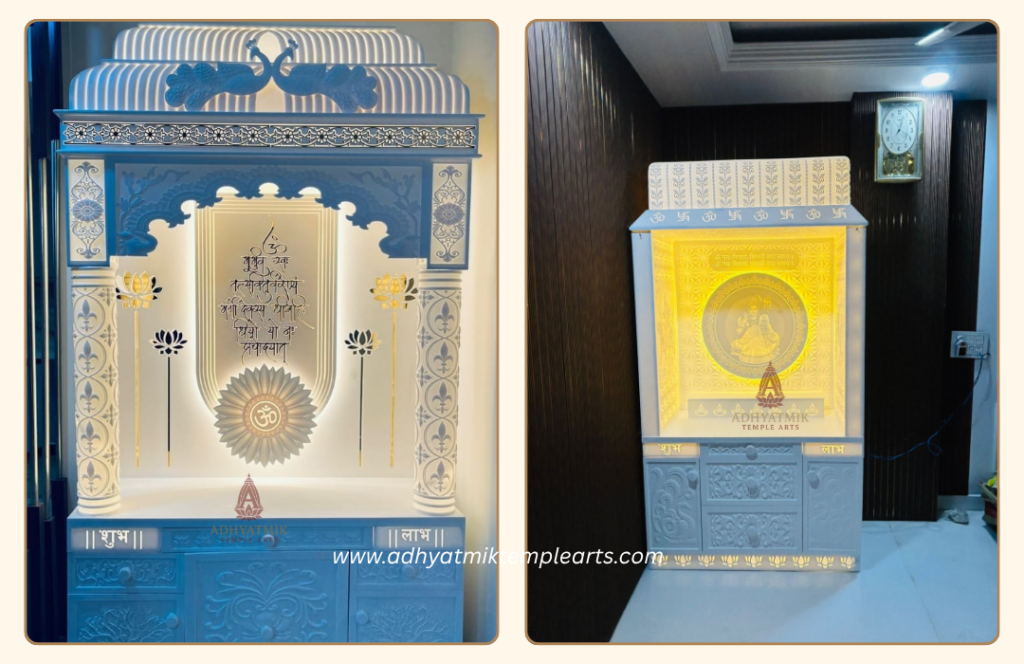 Designer Korian marble mandir for europe- www.adhyatmiktemplearts.com