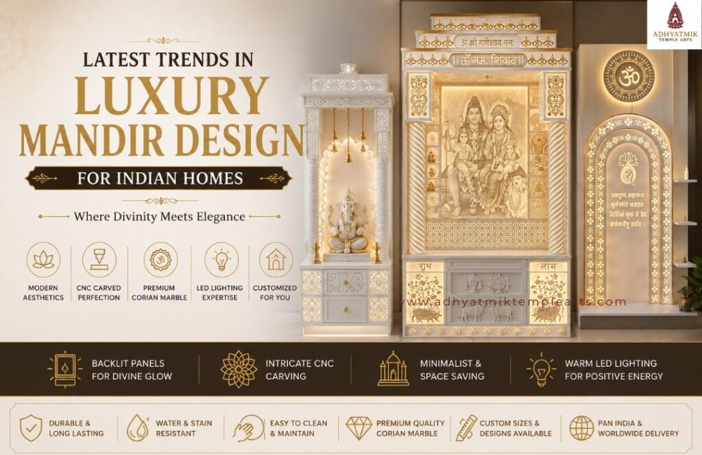 Latest Trends in Luxury Mandir Design for Indian Homes img1- www.adhyatmiktemplearts.com