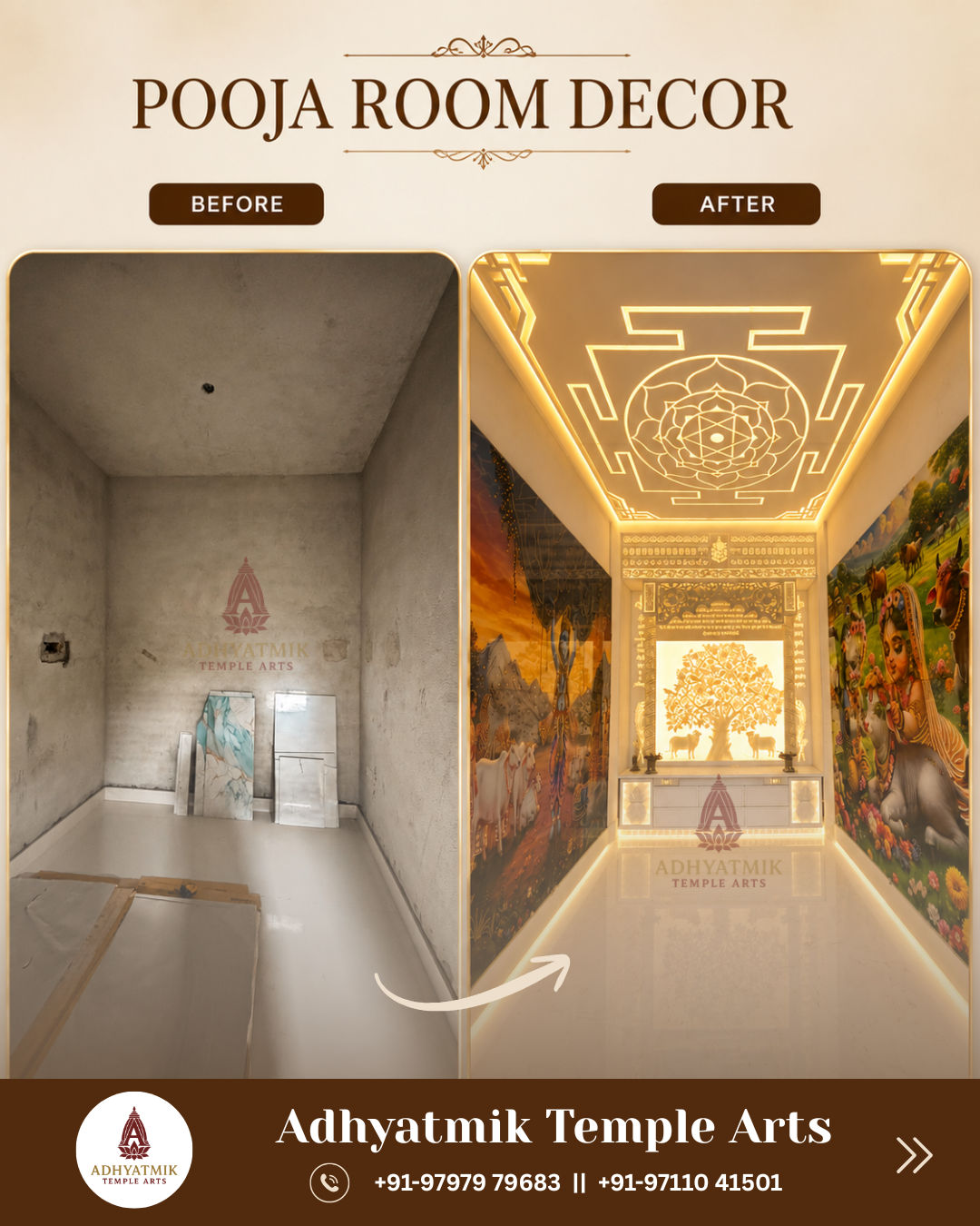 Adhyatmik Temple Arts- before and after pooja room decor