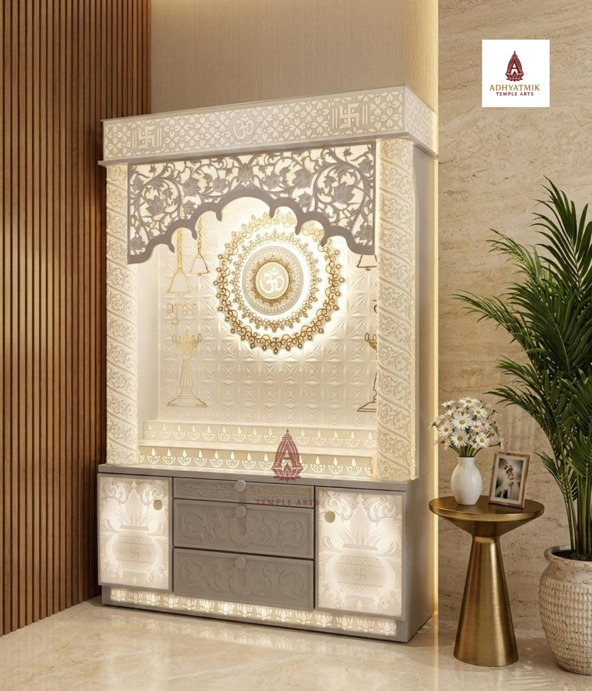 Elegant White Corian Mandir with Golden Lighting